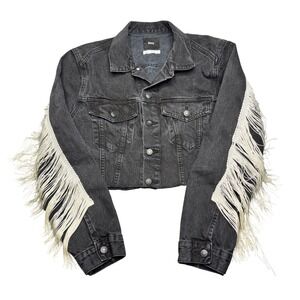 Urban Outfitters BDG Concert Jean Jacket Fringe Sleeves Cropped Black‎ Western L